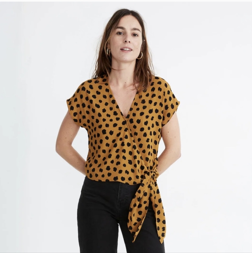 Madewell Mustard and Black Polka Dot Wrap Vneck Blouse Size Medium GUC